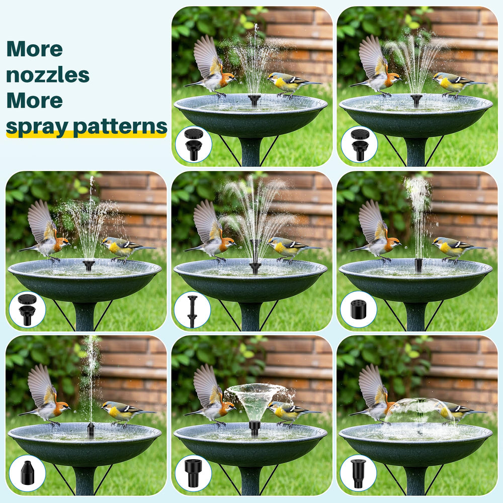 Biling nozzle variety laid out displaying eight spray options for creative water displays