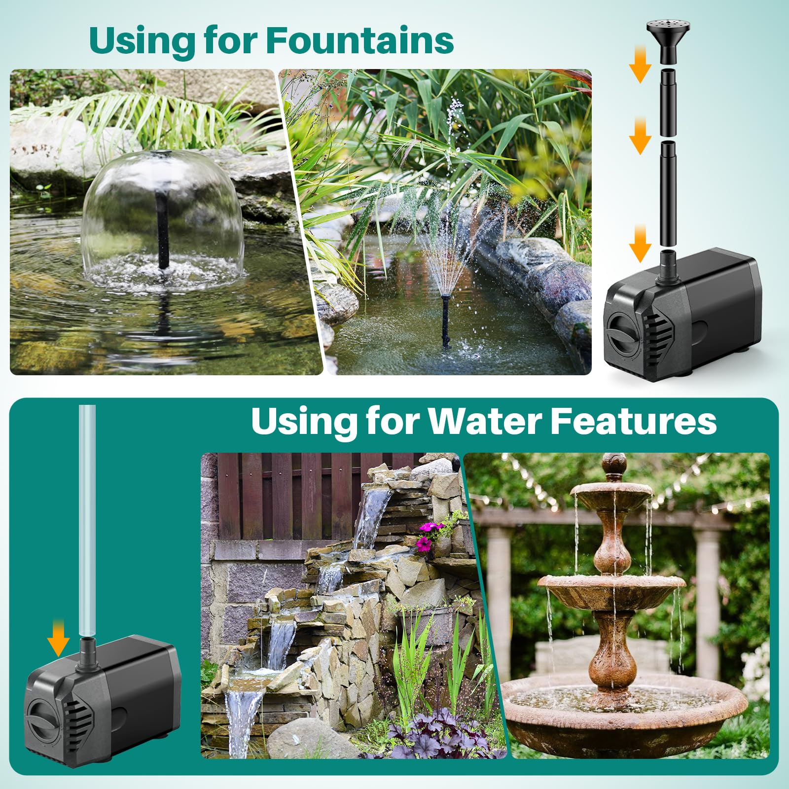 Biling pump installed in garden pond showing quiet, aesthetic water flow