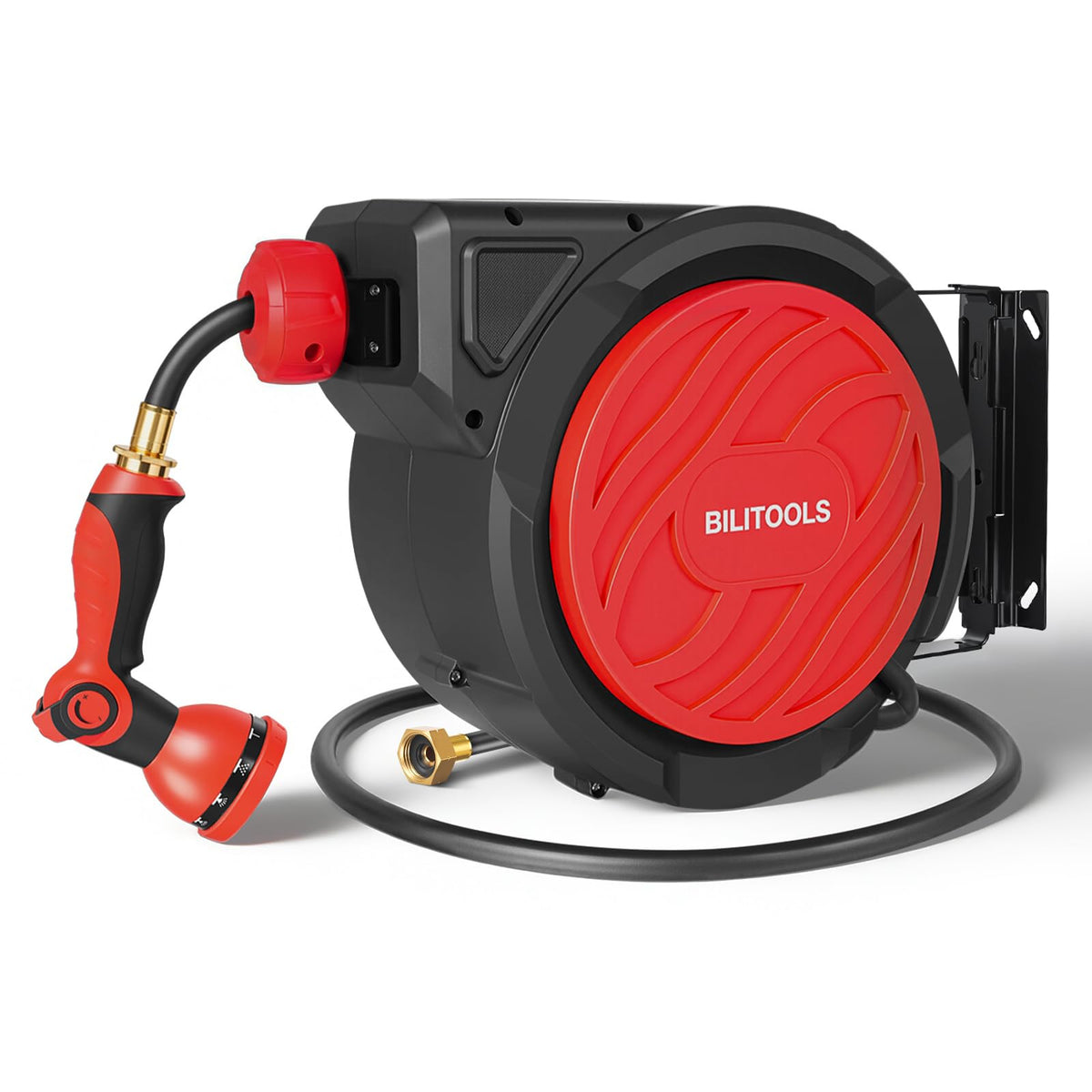 BILITOOLS front view wall mounted reel showing compact storage and tidy hose