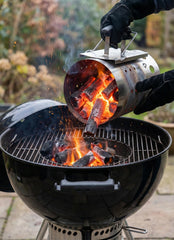 The Bincho Grill in use lighting binchotan charcoal for faster, cleaner ignition