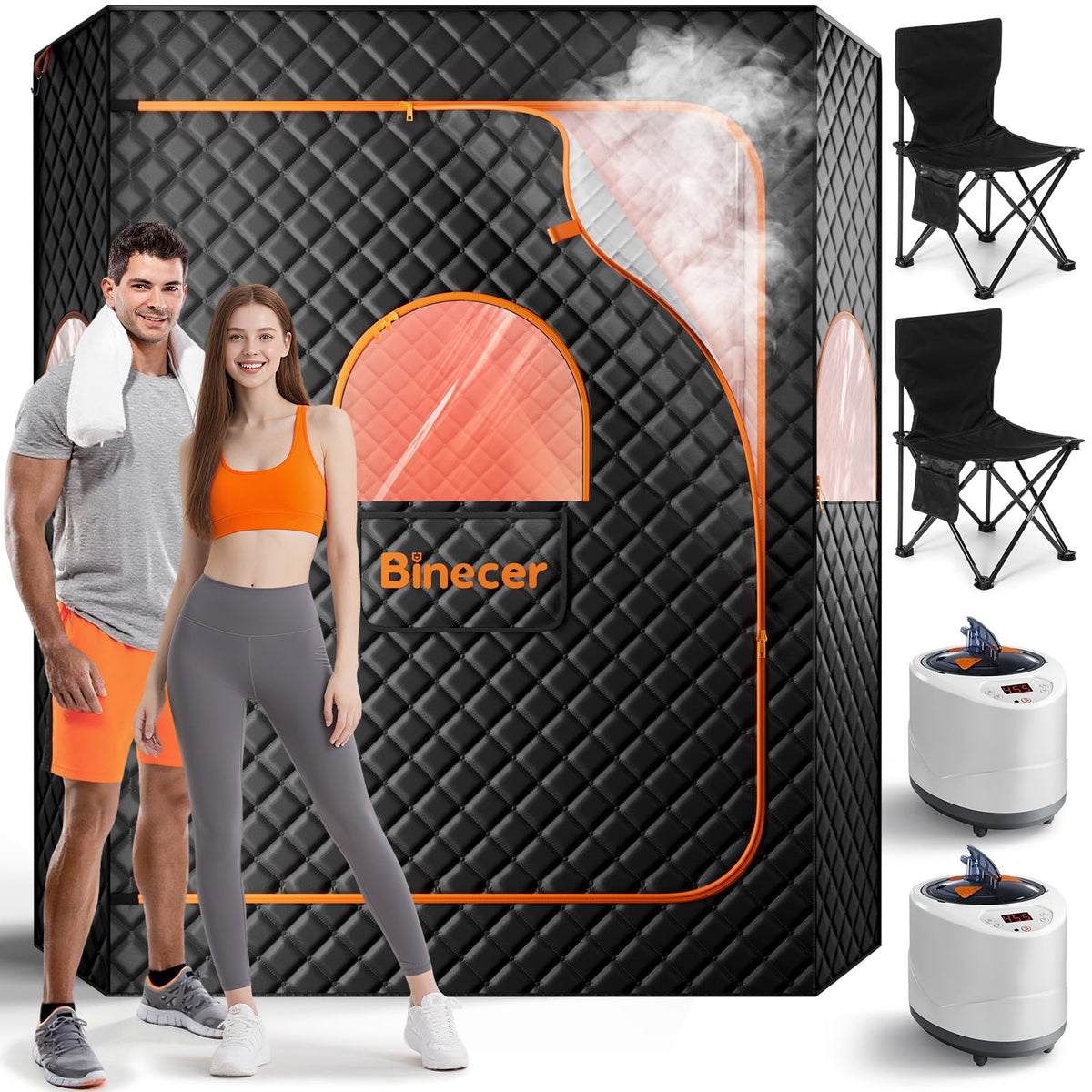 Binecer front view of sauna box showing compact packaging and easy storage benefit