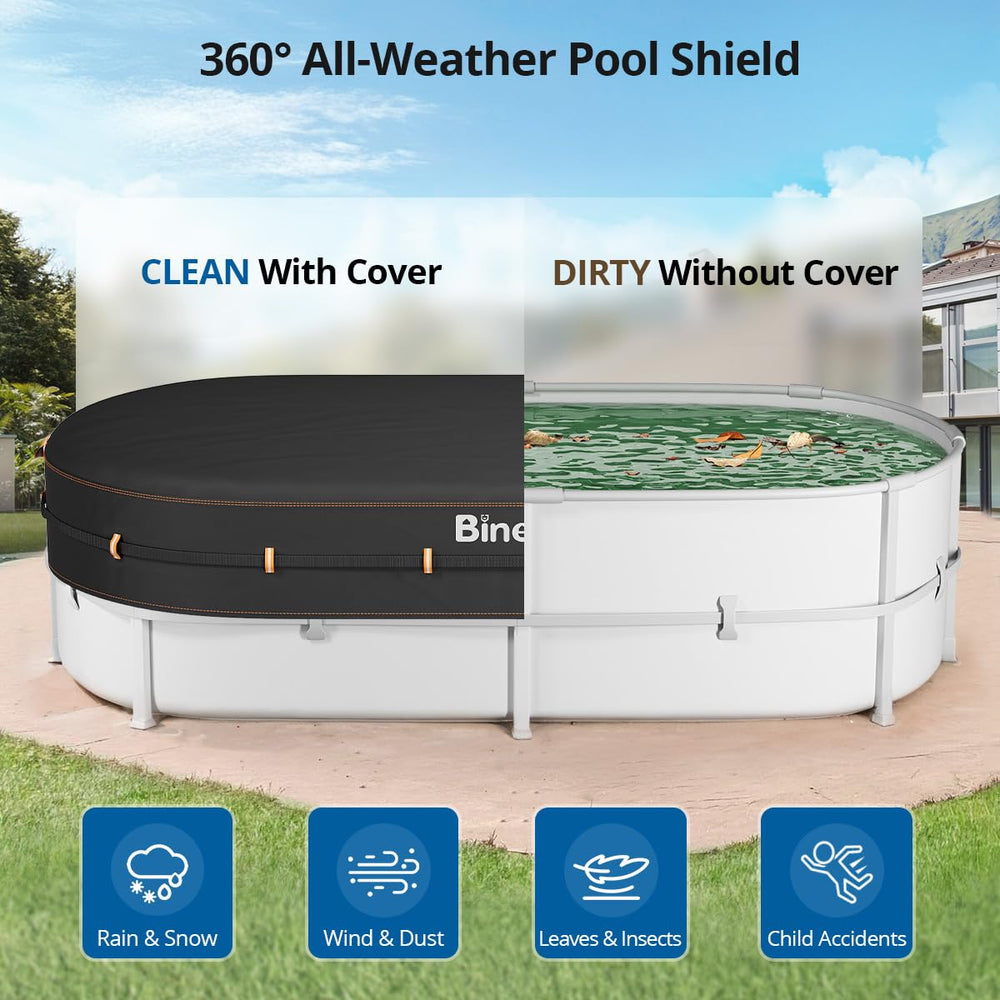 Binecer installed on an above-ground pool illustrating neat, low-maintenance coverage