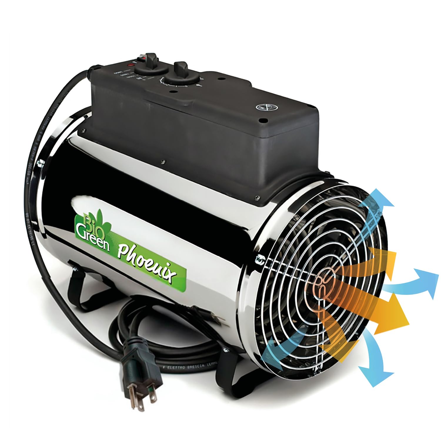 Bio Green PHX 2.8 front view showing compact stainless-steel heater for greenhouse warmth
