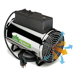 Bio Green PHX 2.8 front view showing compact stainless-steel heater for greenhouse warmth