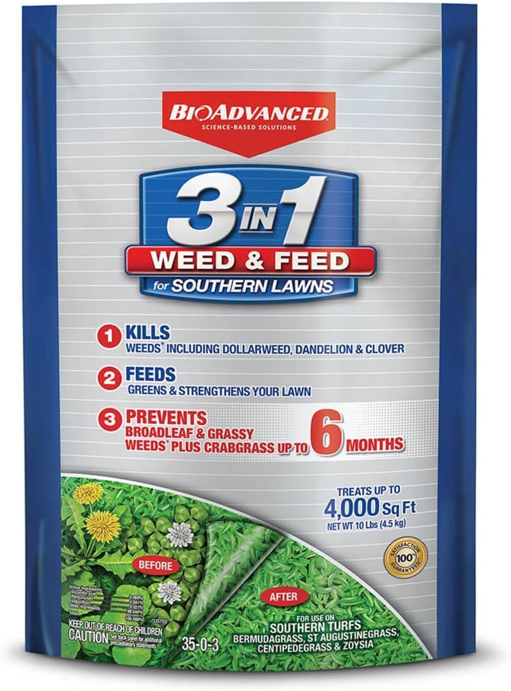BioAdvanced front bag view showing product branding and use on Southern lawns