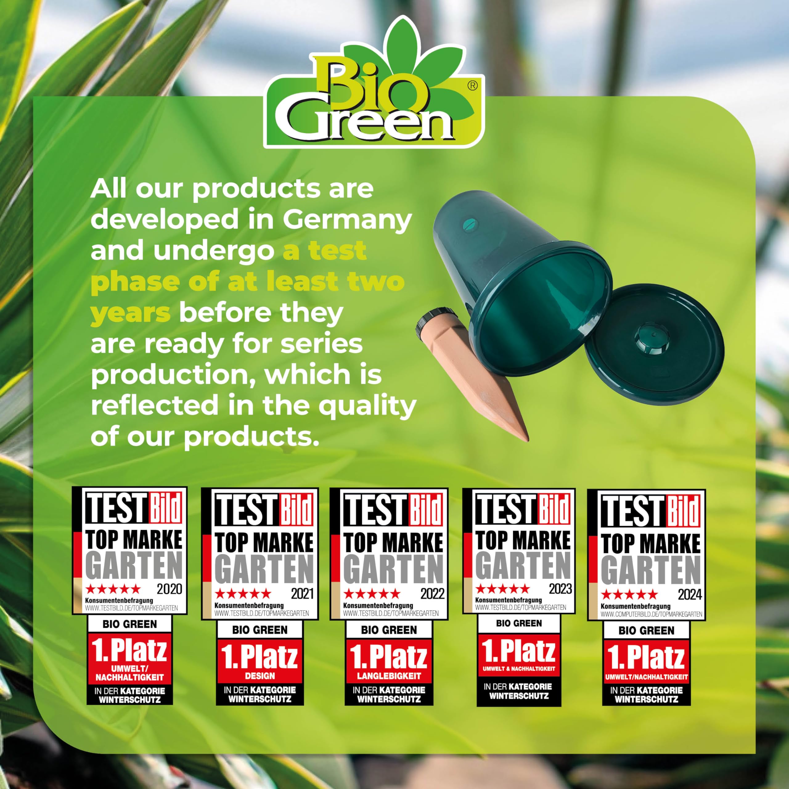 Bio Green in a container garden lifestyle scene highlighting water savings