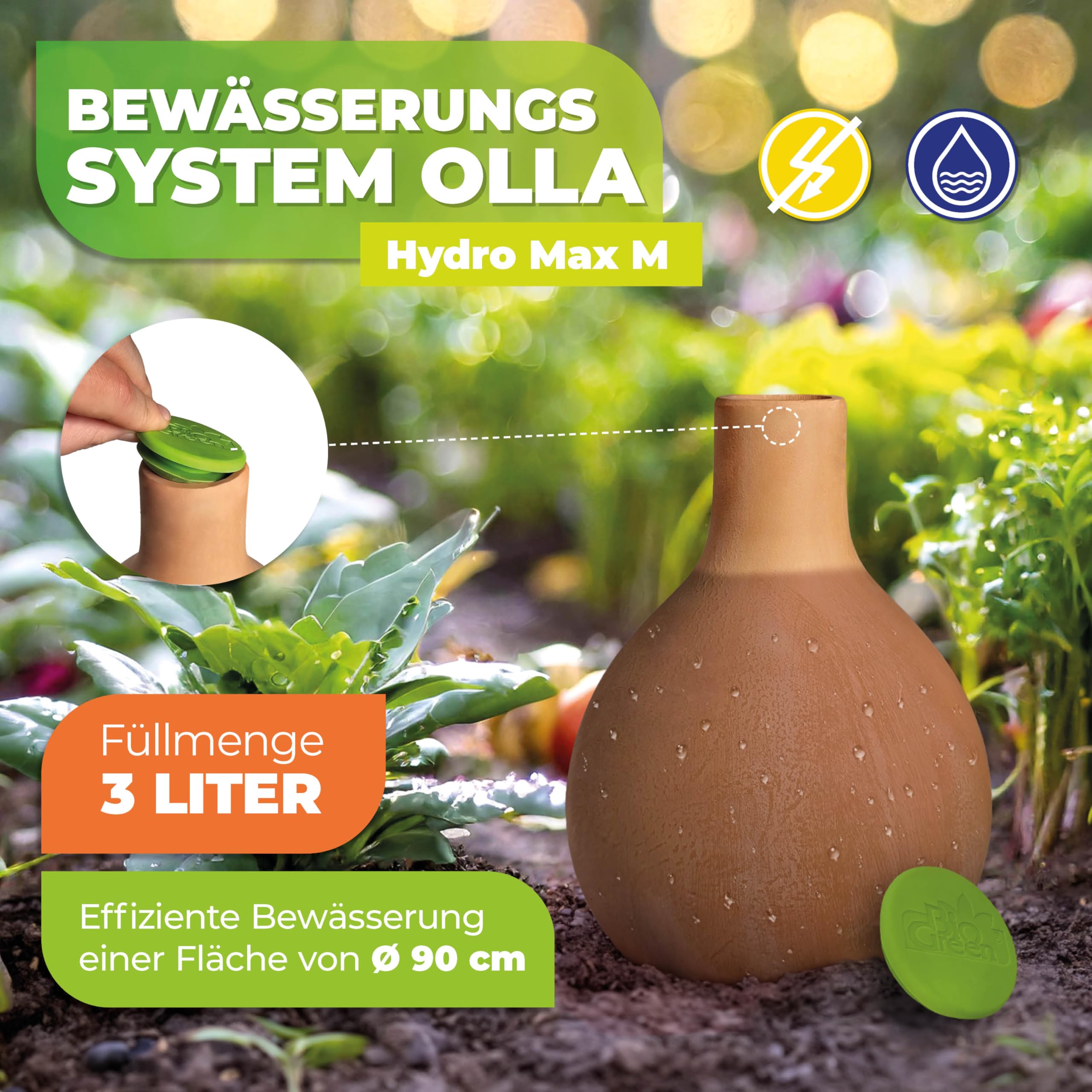 Bio Green Hydro MAX M buried beside plants demonstrating targeted root watering and water savings