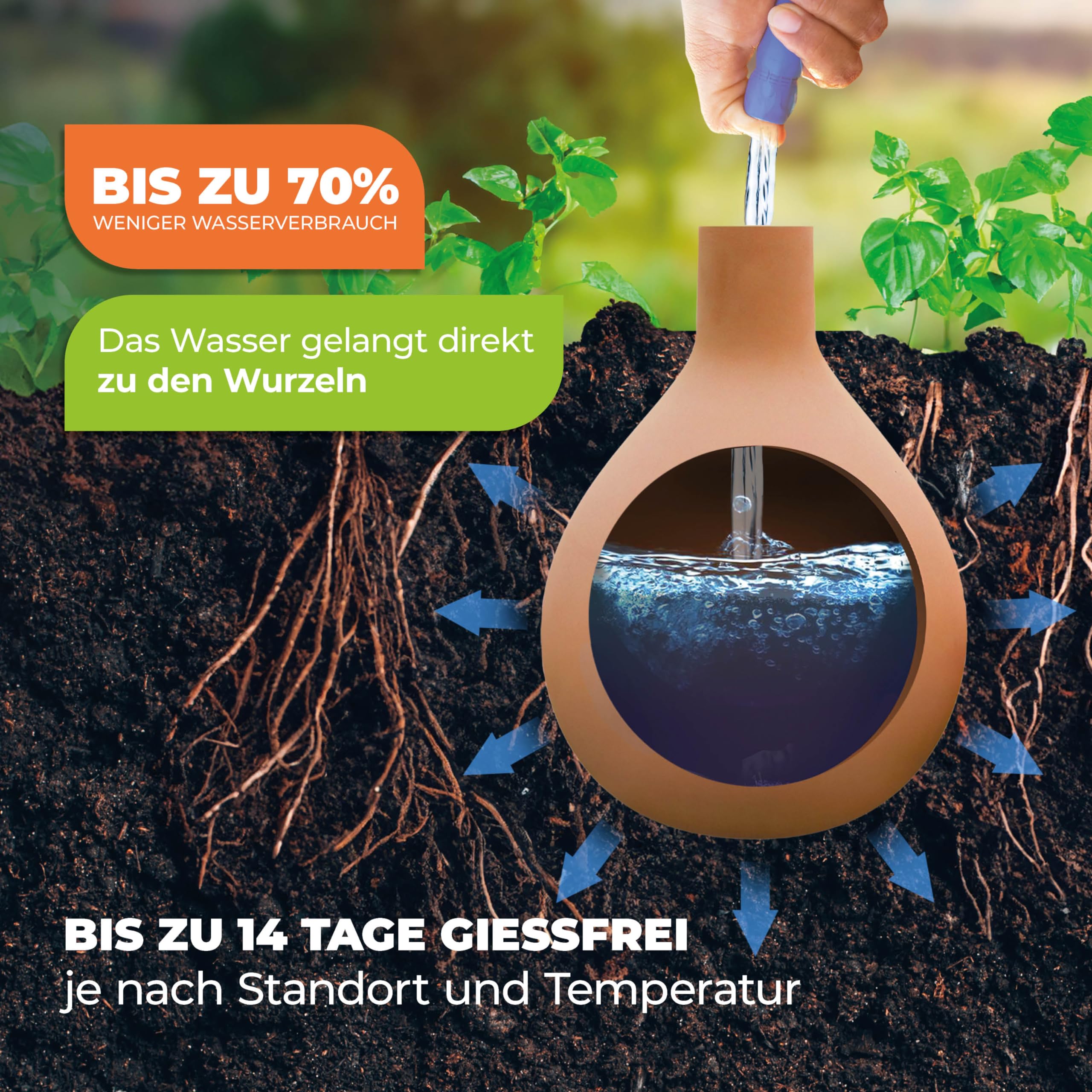 Bio Green installed in container garden displaying efficient watering for potted plants