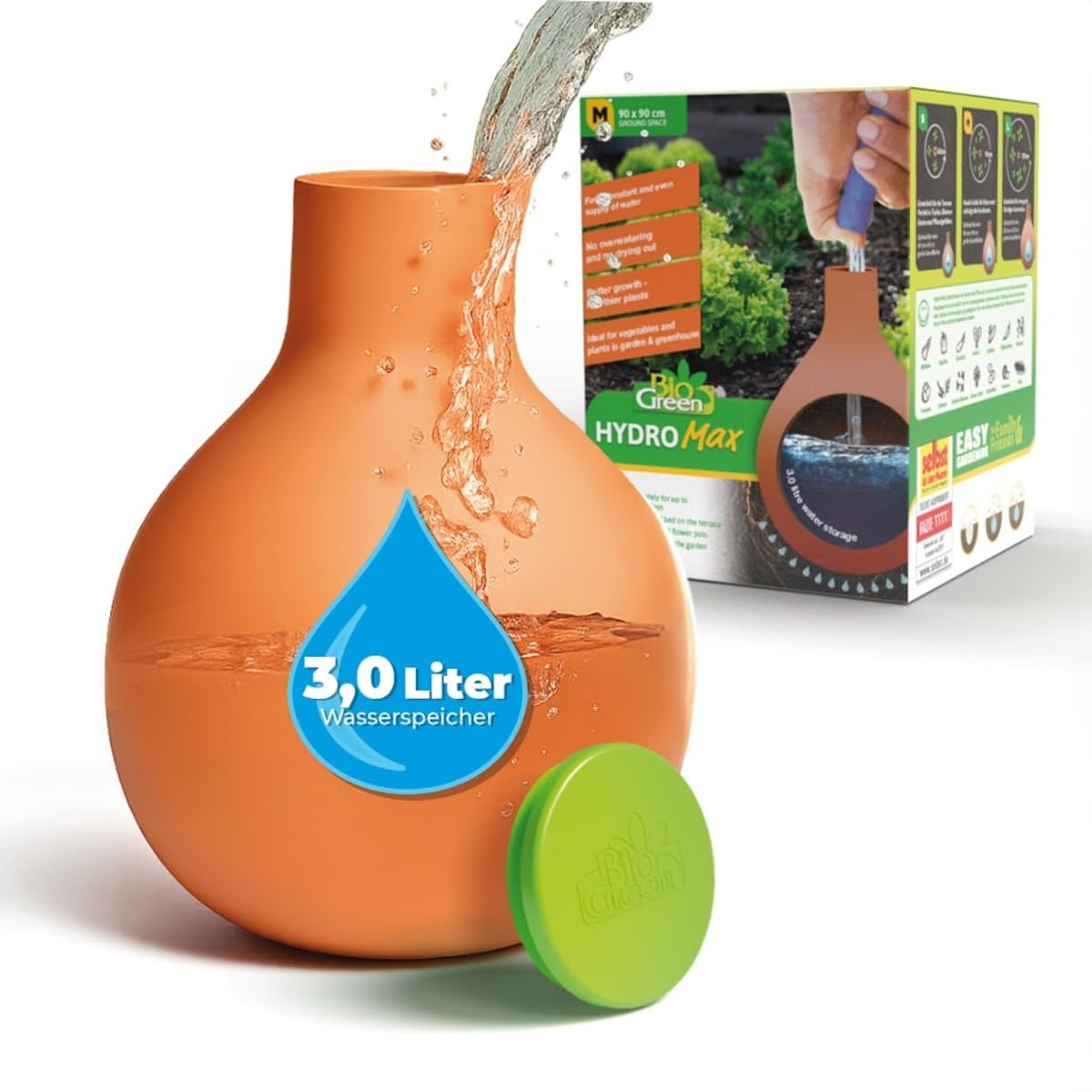 Bio Green Hydro MAX M front view showing compact self-watering vessel and benefit of consistent irrigation