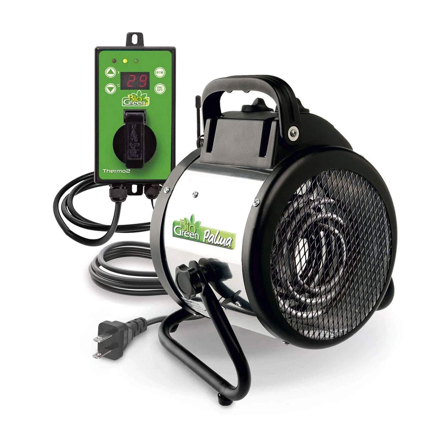 Bio Green PALMA front view showing compact heater and fan, improving greenhouse warmth
