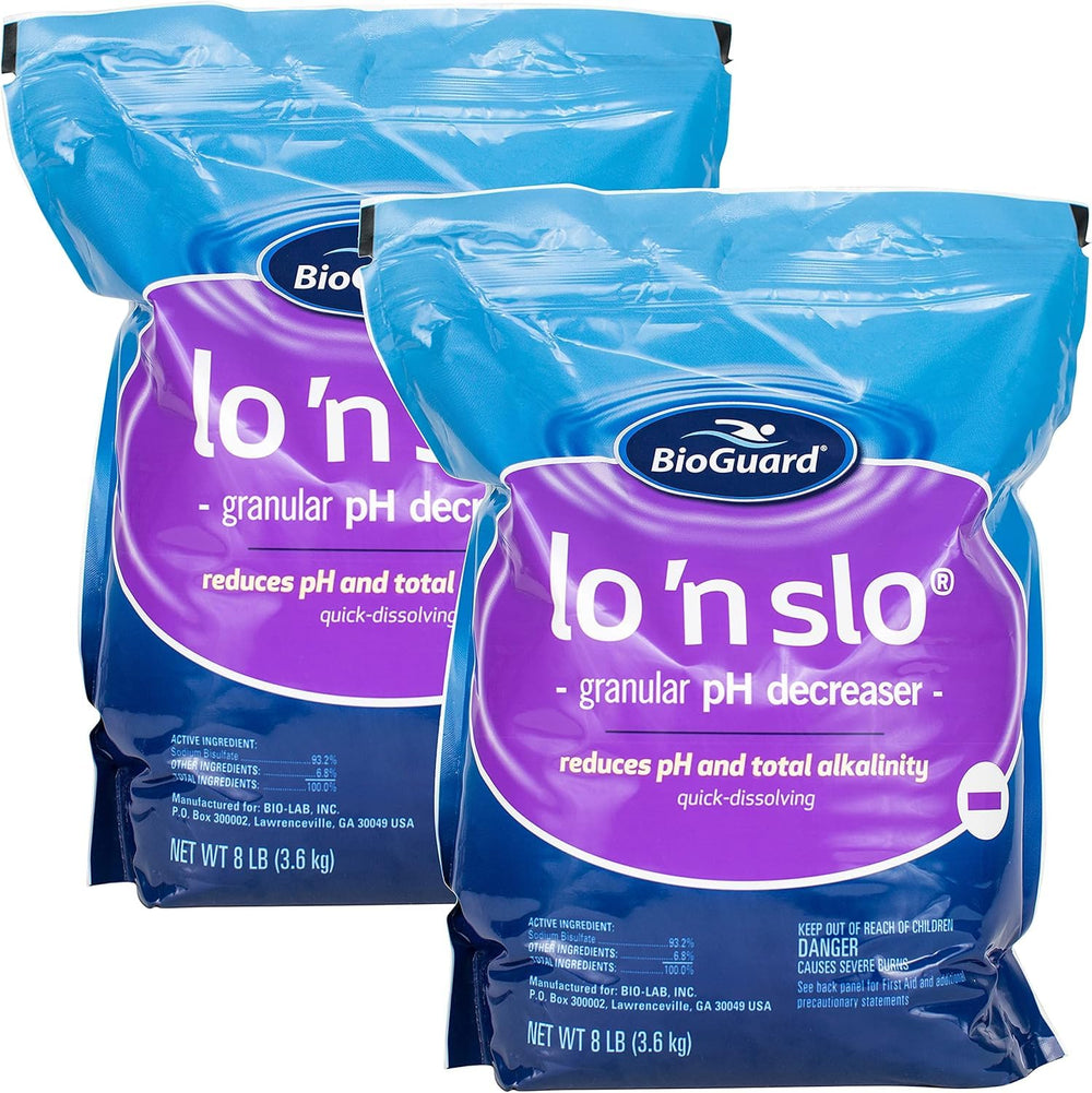 BioGuard Lo 'N Slo front pack showing label and weighing 8 lb for fast pH control