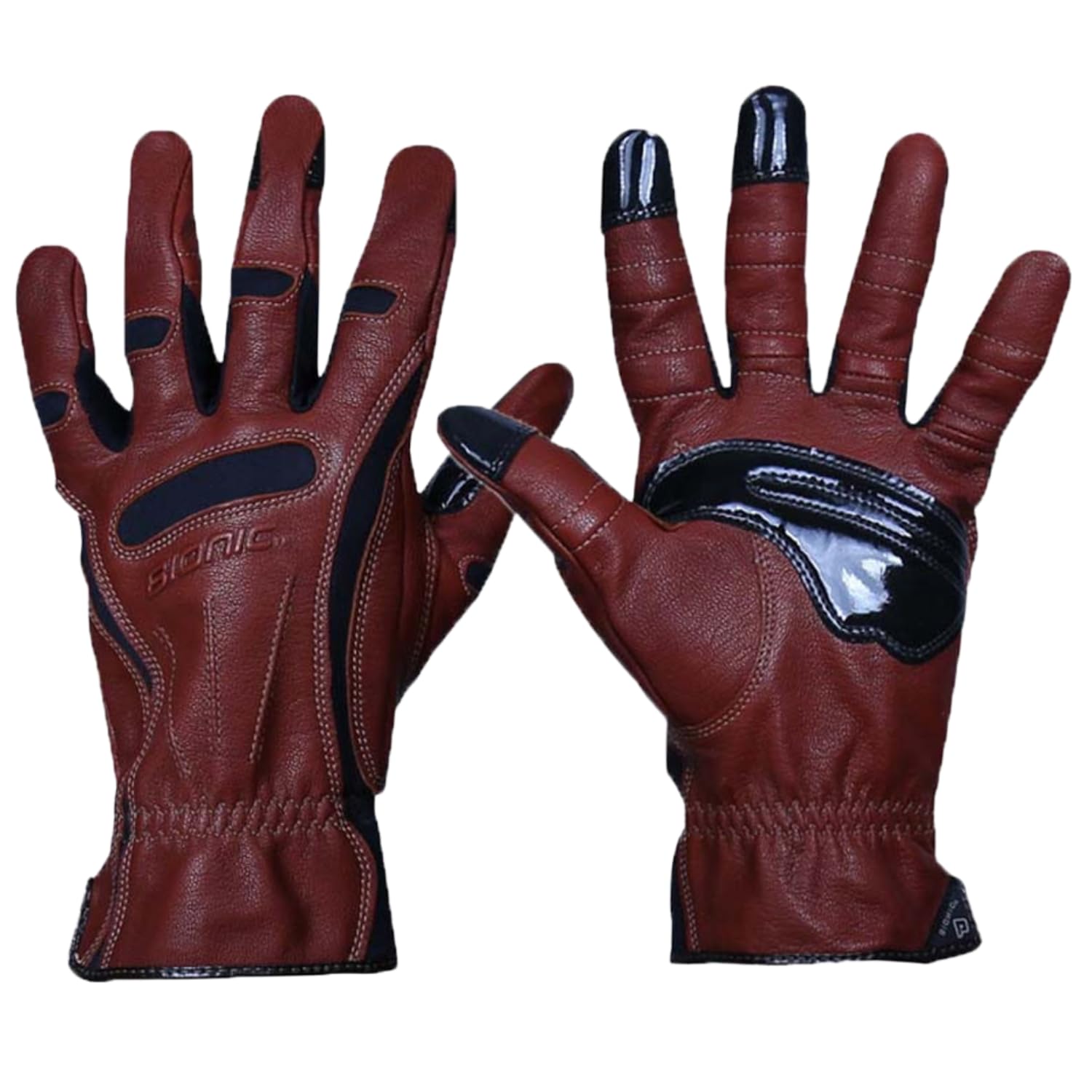 Bionic front view of brown leather gloves showing premium construction and durable design