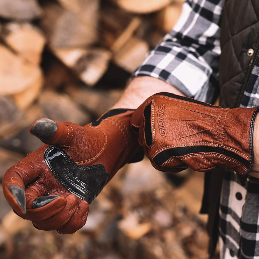 Bionic gloves worn while mowing showing vibration padding benefit during outdoor work