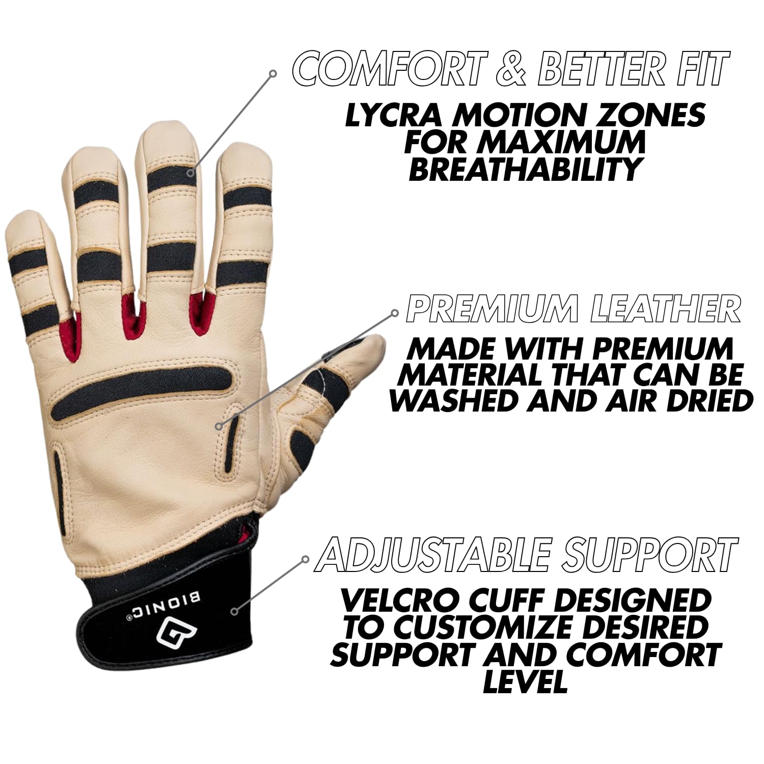 Bionic close-up of leather, stitching and palm pad highlighting durability and comfort