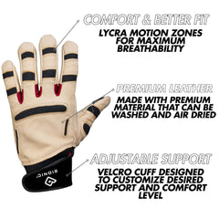 Bionic close-up of leather, stitching and palm pad highlighting durability and comfort