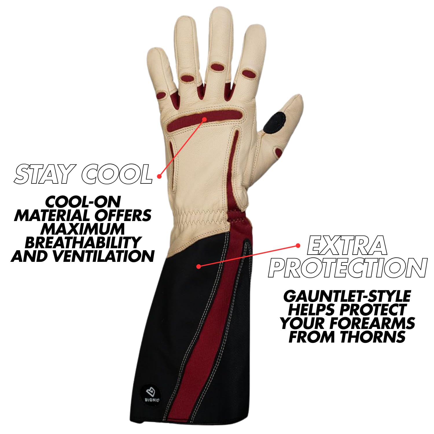 Bionic gloves close-up of goatskin palm with padding for long-lasting durability