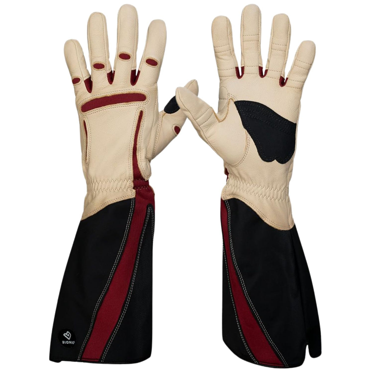 Bionic tan gloves front view showing protective gauntlet and secure fit benefit