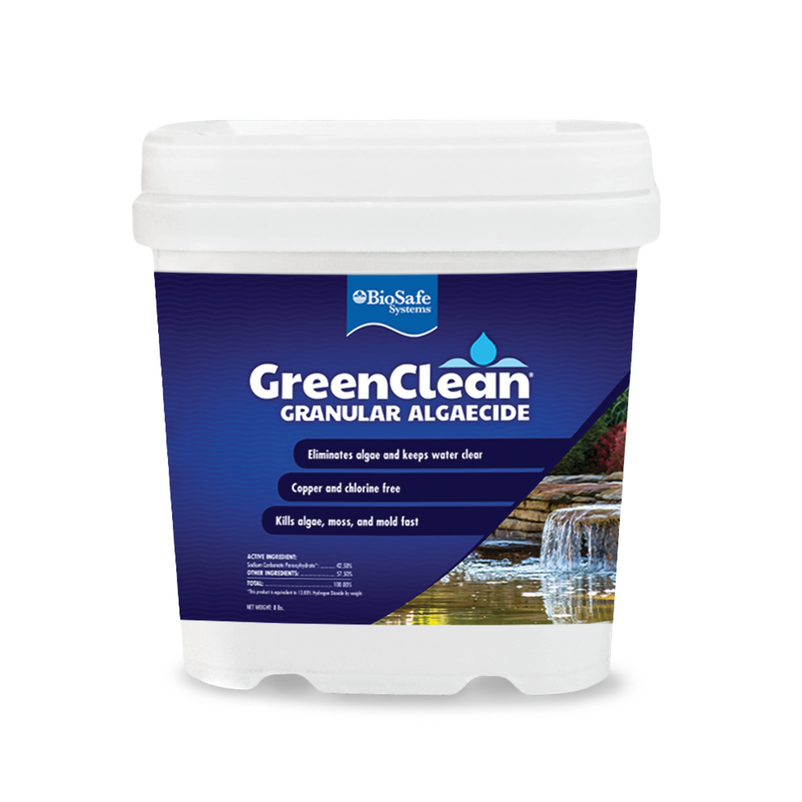 BioSafe Systems front view of 8 lb bucket showing label and capacity benefit