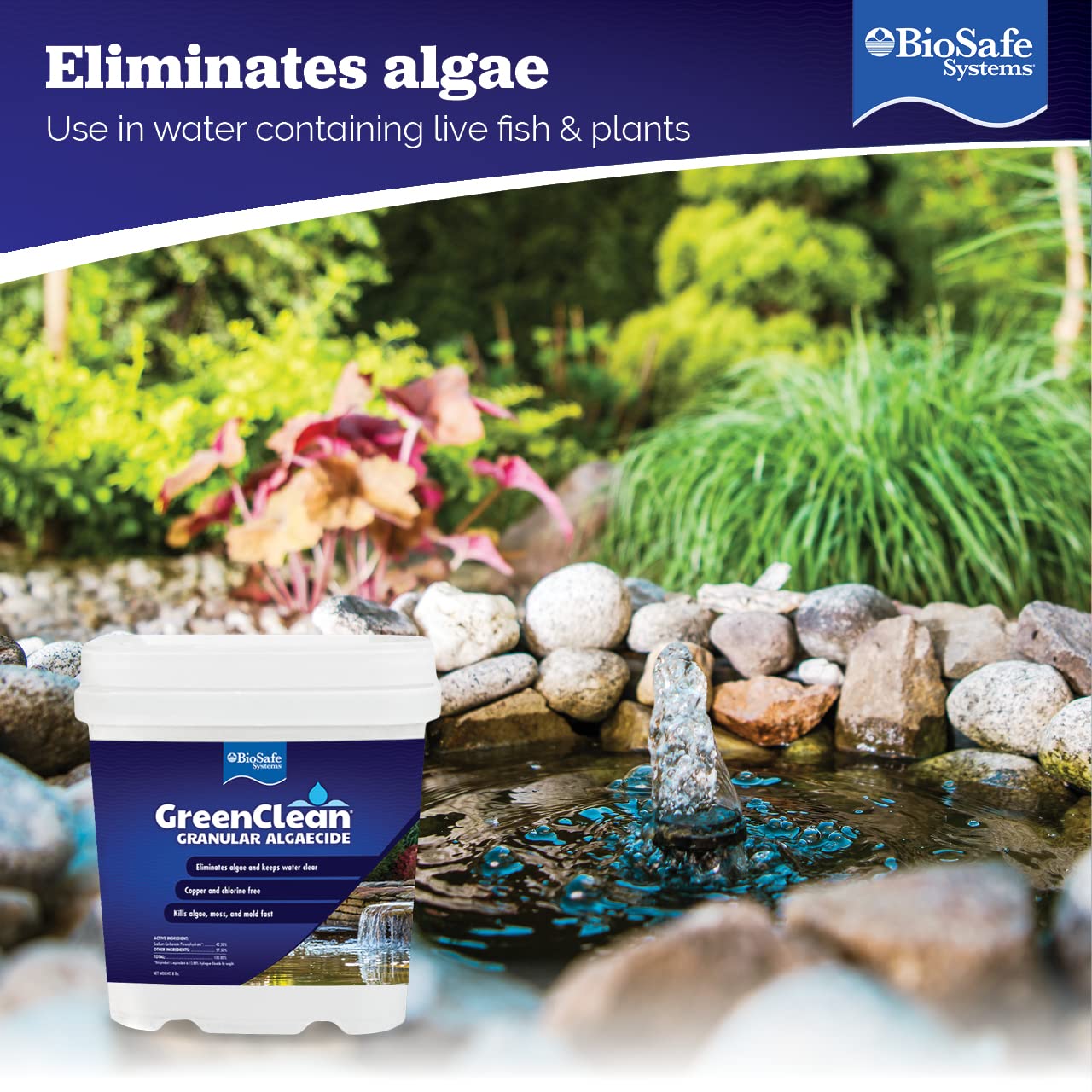 BioSafe Systems bucket next to gallon jug showing treatment coverage per pail