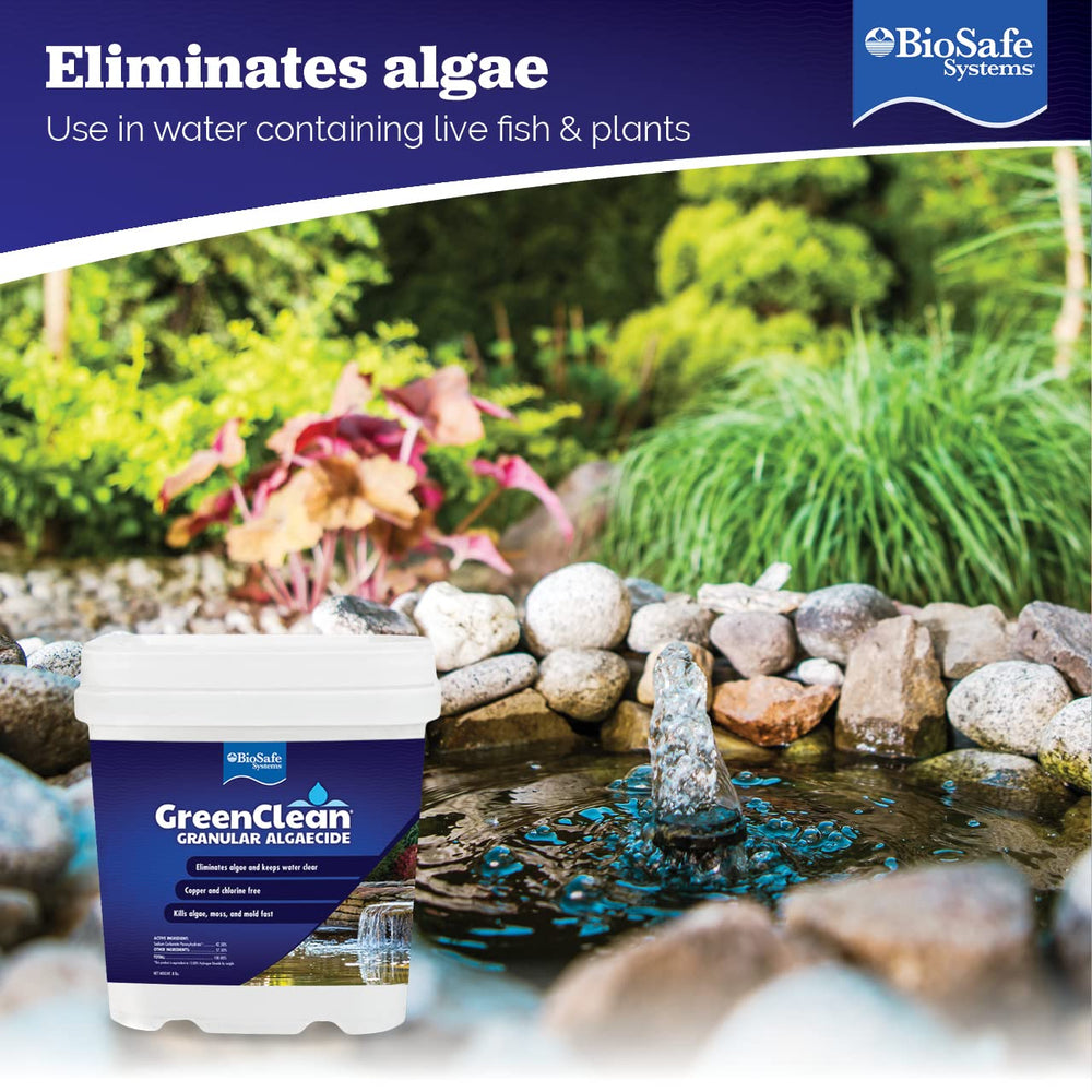 BioSafe Systems bucket next to gallon jug showing treatment coverage per pail