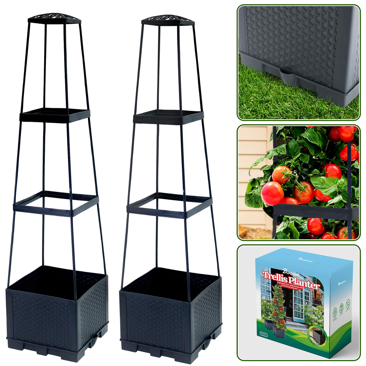 Biotolot front view of two planters showing stable raised beds and trellises for space-saving growth