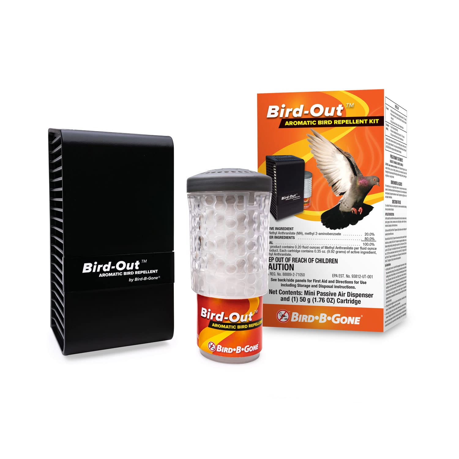 Bird B Gone dispenser front view showing compact design and discreet placement benefit