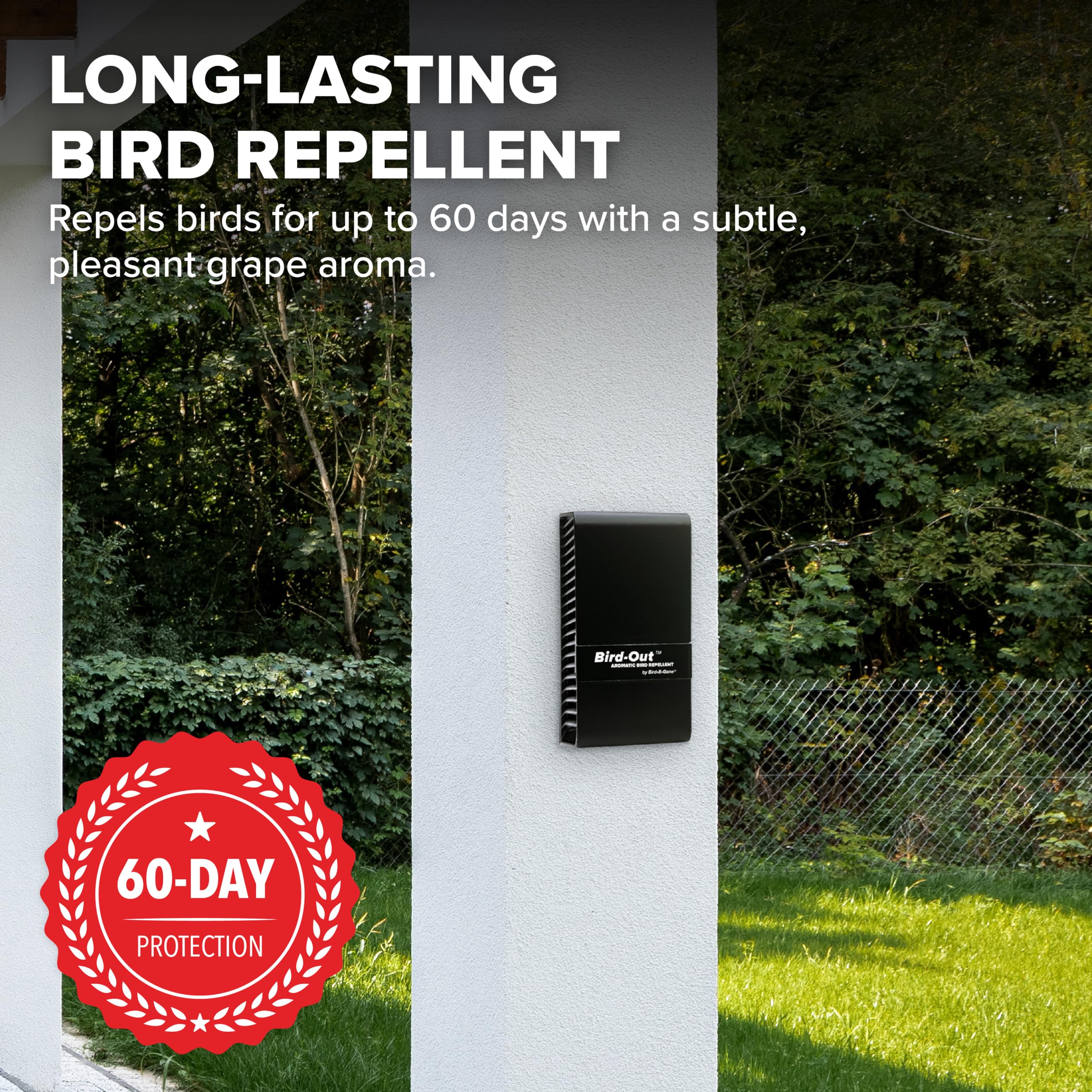 Bird B Gone mounted on patio wall illustrating hidden installation and continuous protection