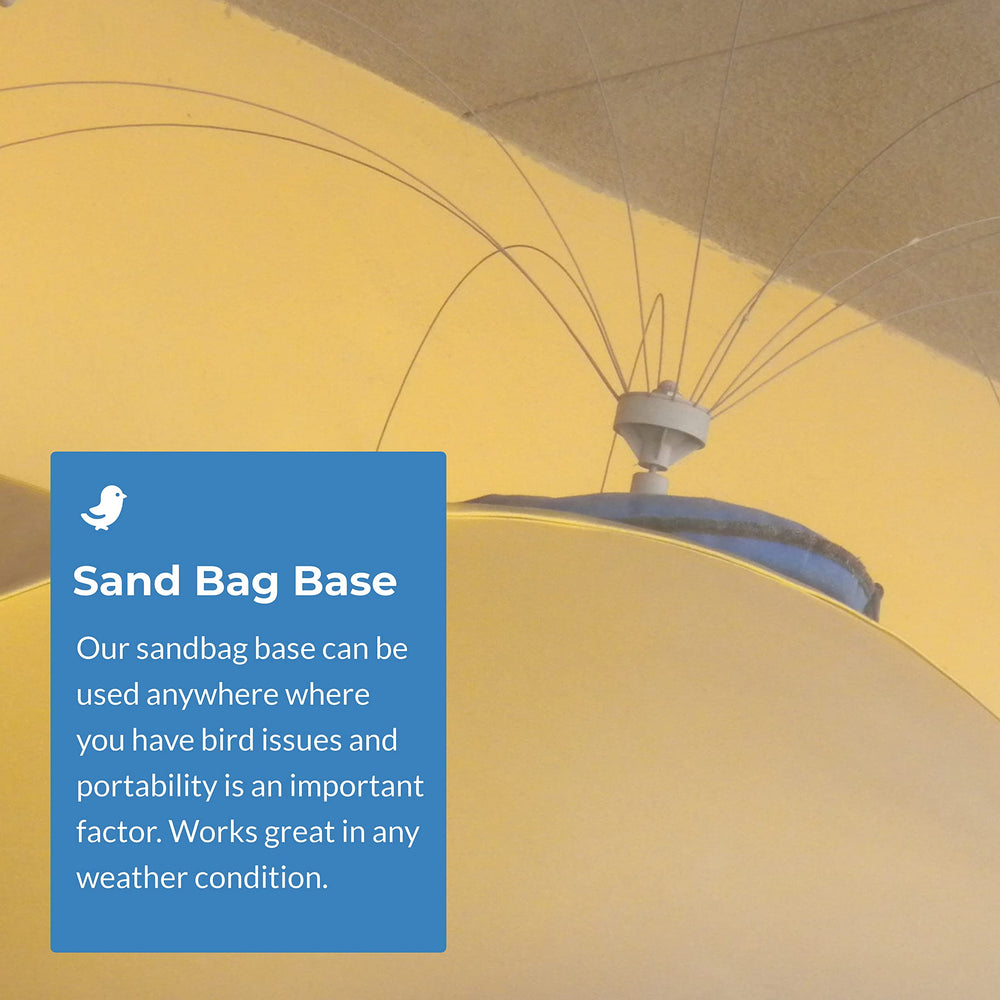 Bird Barrier sandbag base next to hand showing size and easy portability benefit