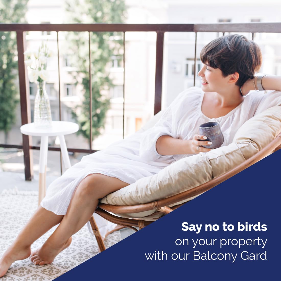 Bird-X Balcony Gard scale comparison on balcony illustrating 900 sq. ft. coverage