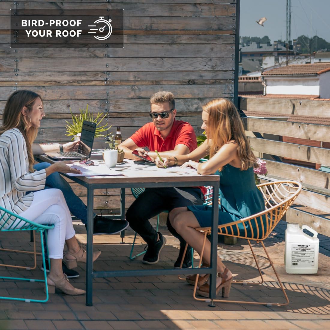 Bird-X Bird Stop next to common objects showing one-gallon scale for purchasing decision