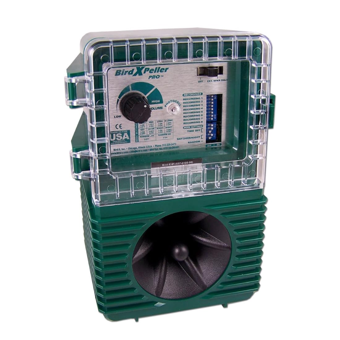 Bird-X BirdXPeller Pro front view showing compact weather-resistant housing and deterrent benefit