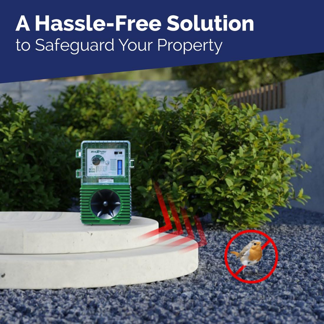 Bird-X BirdXPeller Pro installed on pole at dock showing rugged outdoor protection benefit