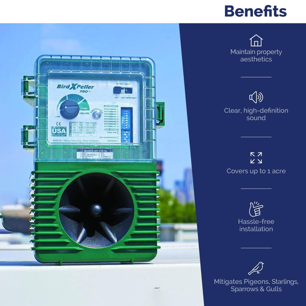 Bird-X BirdXPeller Pro scale beside a hand illustrating compact size and simple installation benefit