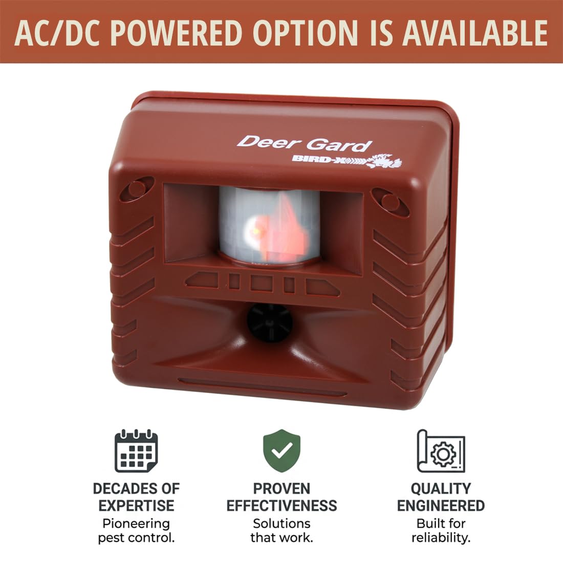 Bird-X Deer Gard with AC cord and battery compartment offering versatile installation