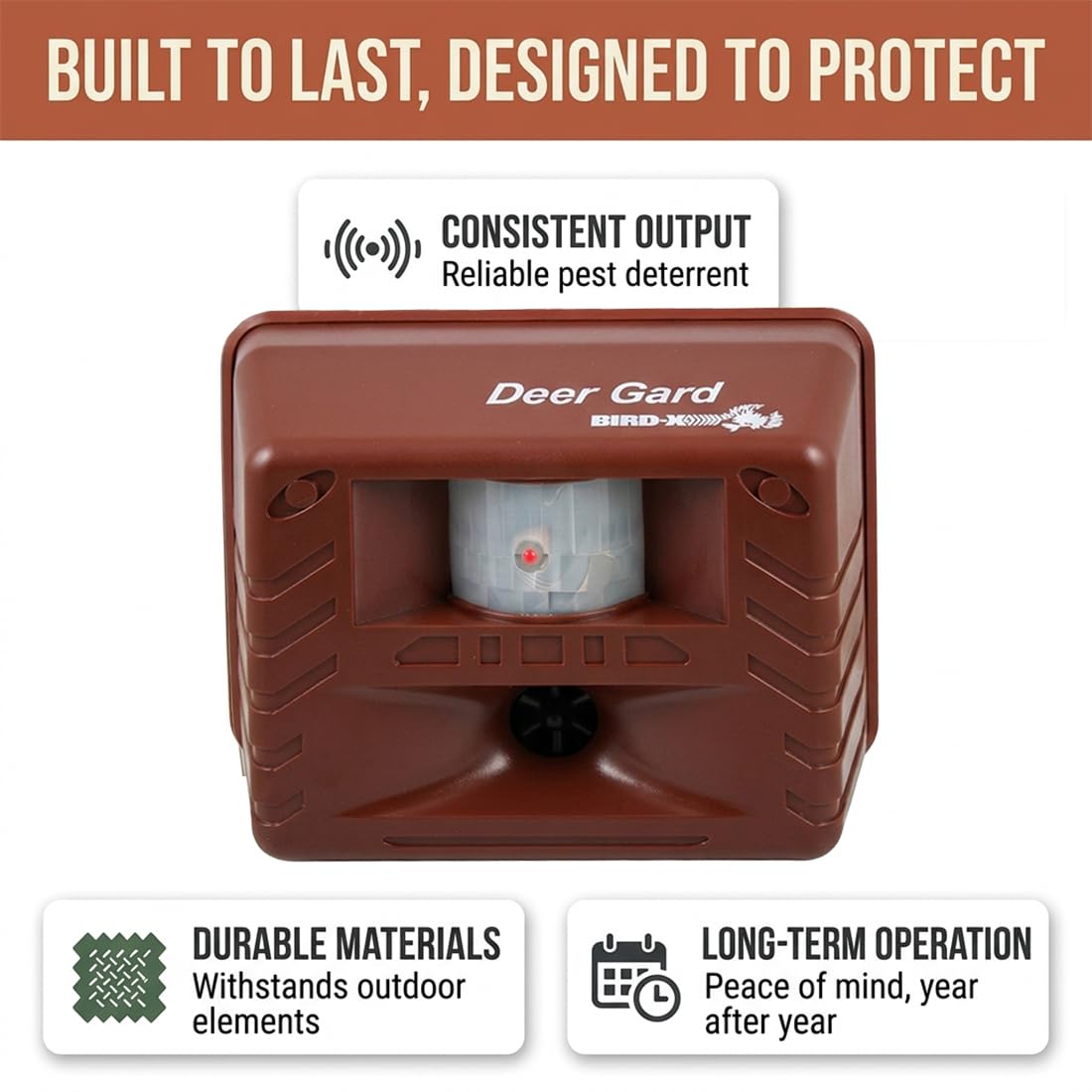 Bird-X Deer Gard motion sensor detail illustrating automatic activation to save power