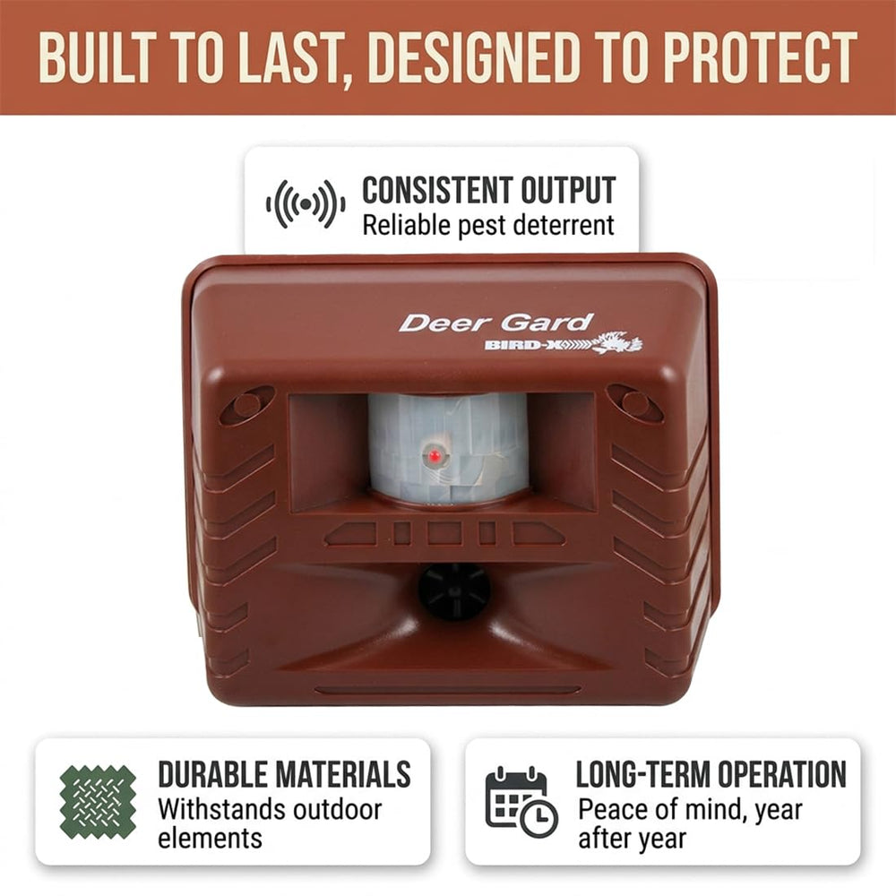 Bird-X Deer Gard motion sensor detail illustrating automatic activation to save power