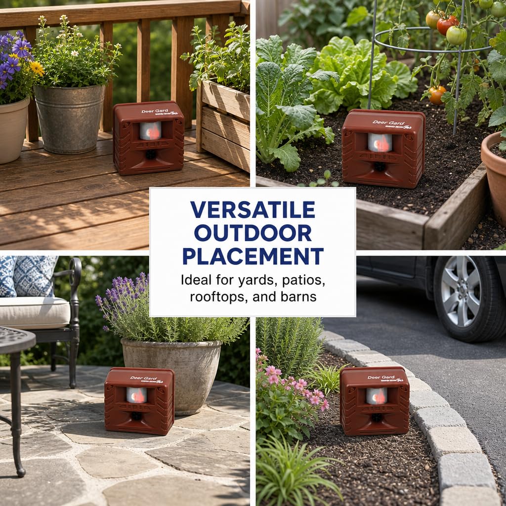Bird-X Deer Gard mounted by garden beds deterring deer and protecting plants