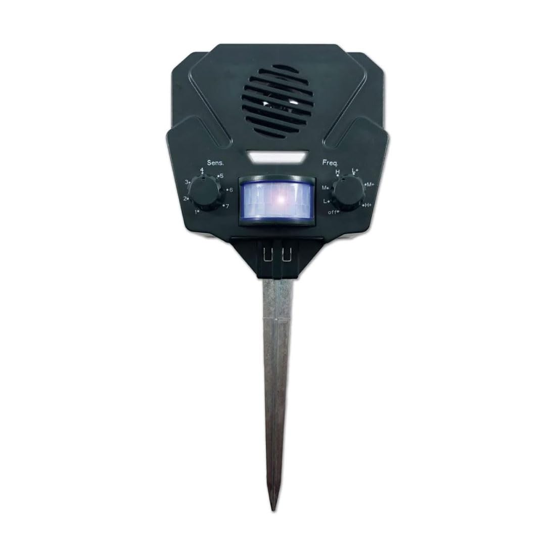 Bird‑X front view showing the solar yard gard deterring wildlife effectively