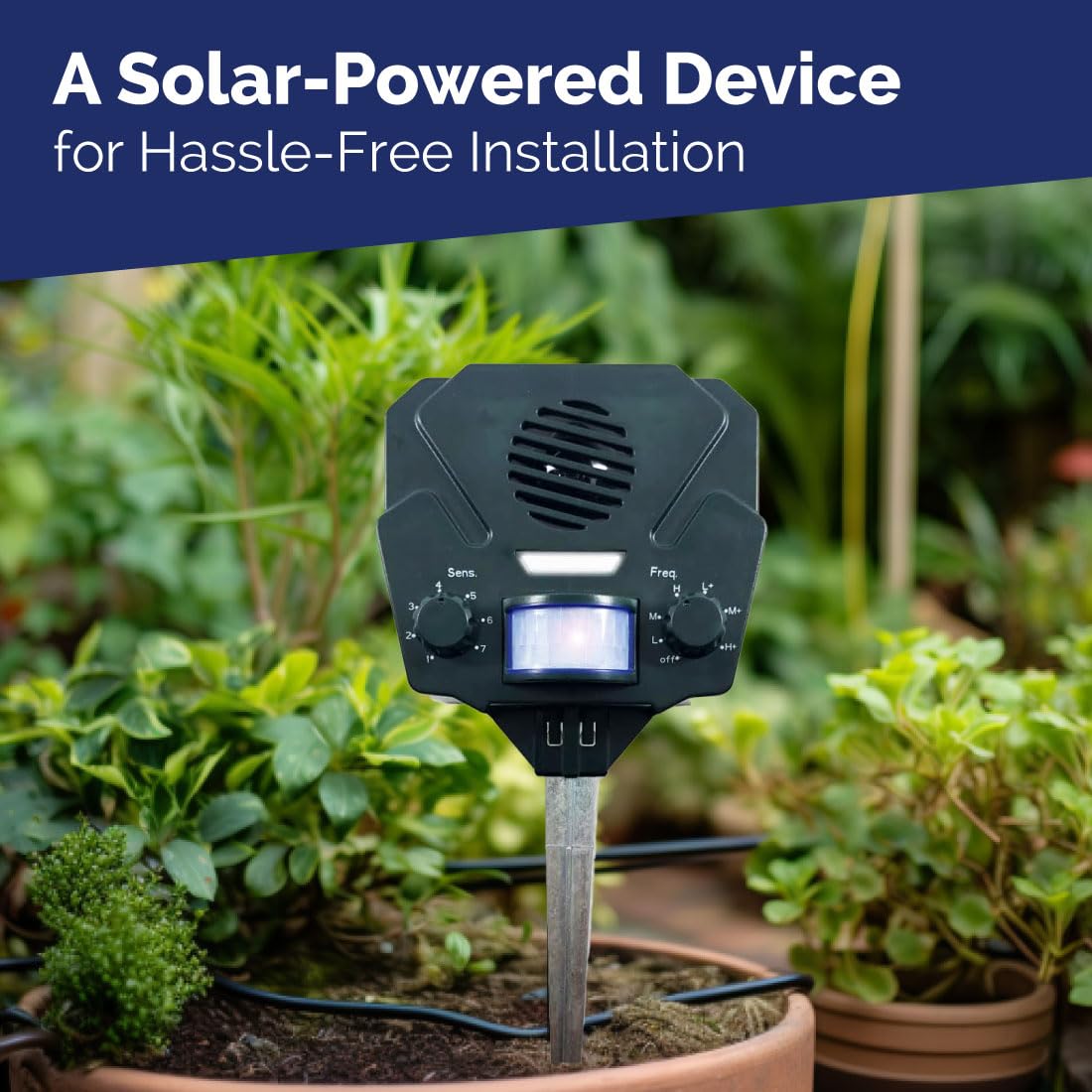 Bird‑X size comparison with hand showing compact, discreet outdoor footprint