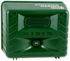 Bird-X front view showing compact caller and clear labeling, draws songbirds to feeders