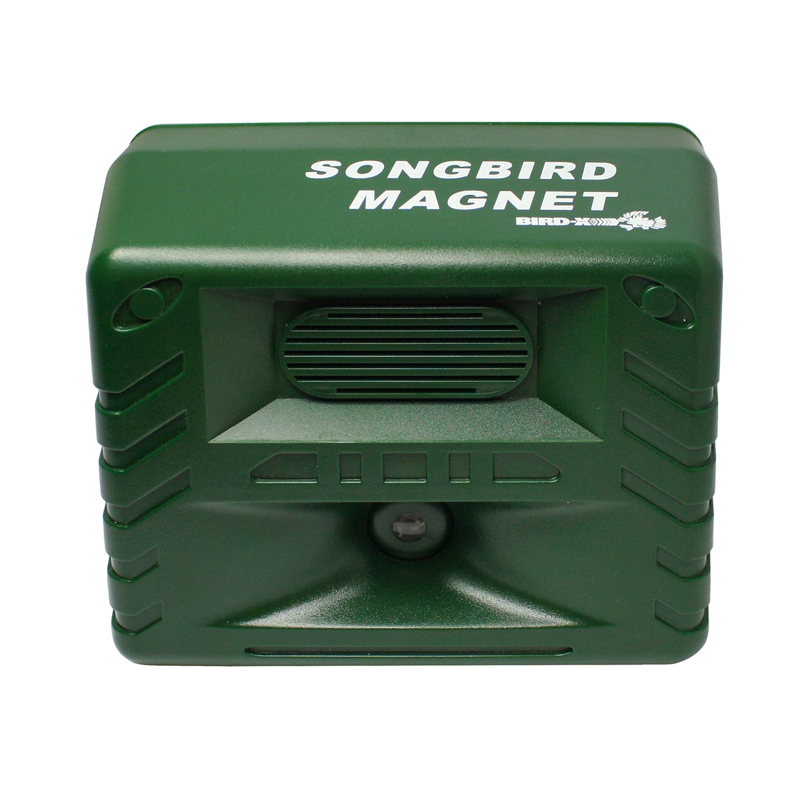 Bird-X side profile displaying weatherproof casing and mounting slots for easy installation