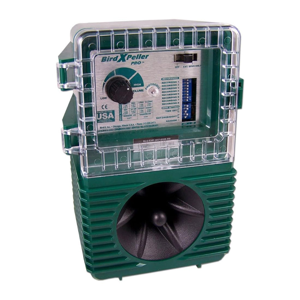 Bird-X Woodpecker PRO front view showing unit and speaker for effective deterrence