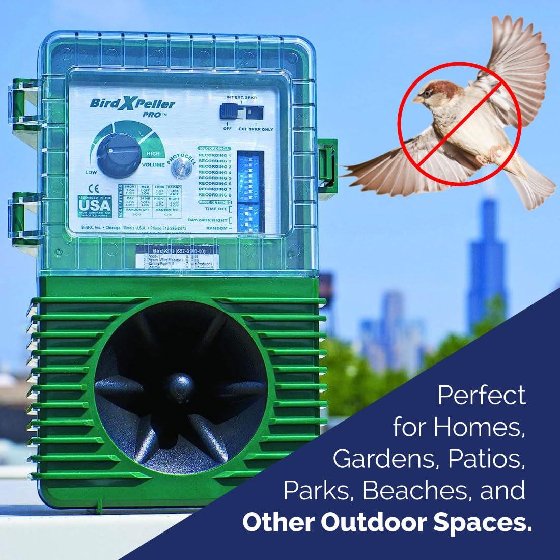 Bird-X Woodpecker PRO in garden setting keeping outdoor spaces bird‑free
