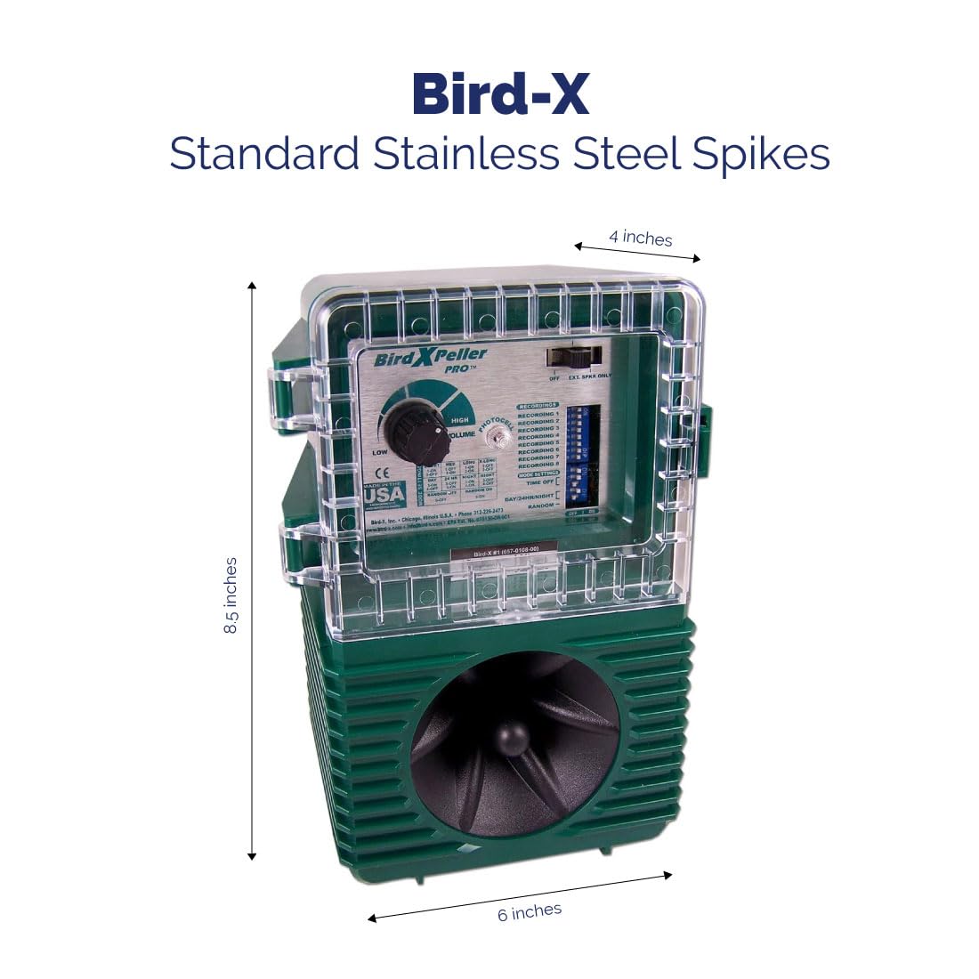 Bird-X Woodpecker PRO mounted on eave protecting wood siding from pecking