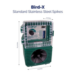 Bird-X Woodpecker PRO mounted on eave protecting wood siding from pecking