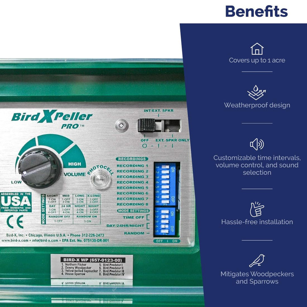 Bird-X Woodpecker PRO size comparison showing compact unit and coverage benefit