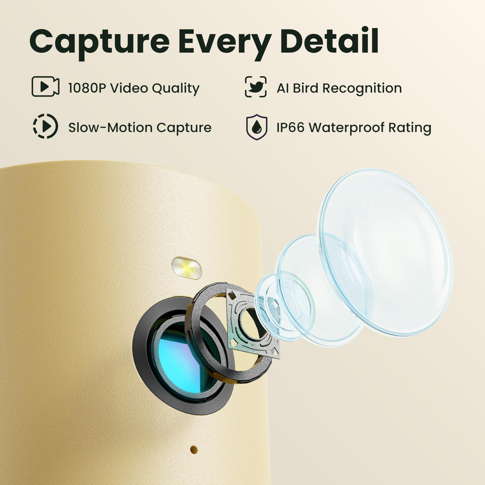 Birdfy camera lens close-up demonstrating 1080P clarity and reliable focus