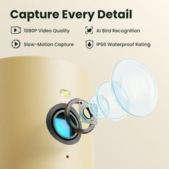 Birdfy camera lens close-up demonstrating 1080P clarity and reliable focus