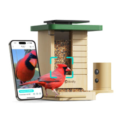 Birdfy front view of fir wood feeder highlighting natural finish and curb appeal