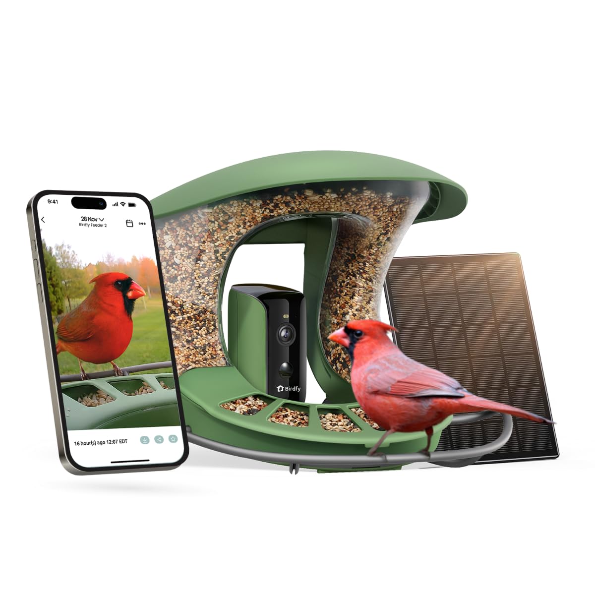 Birdfy front view showing feeder and camera lens for easy observation